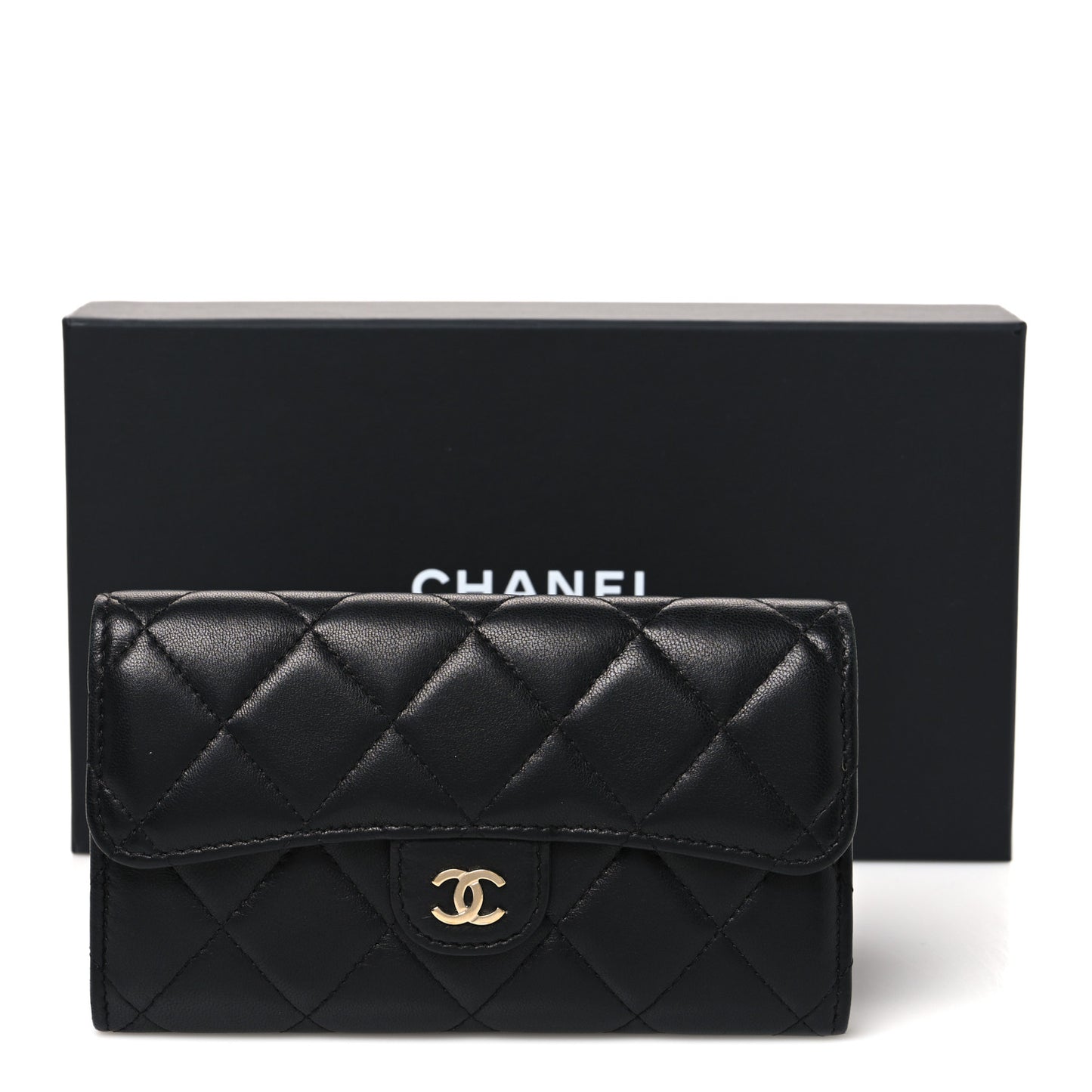 Lambskin Quilted Medium Gusset Flap Wallet Black
