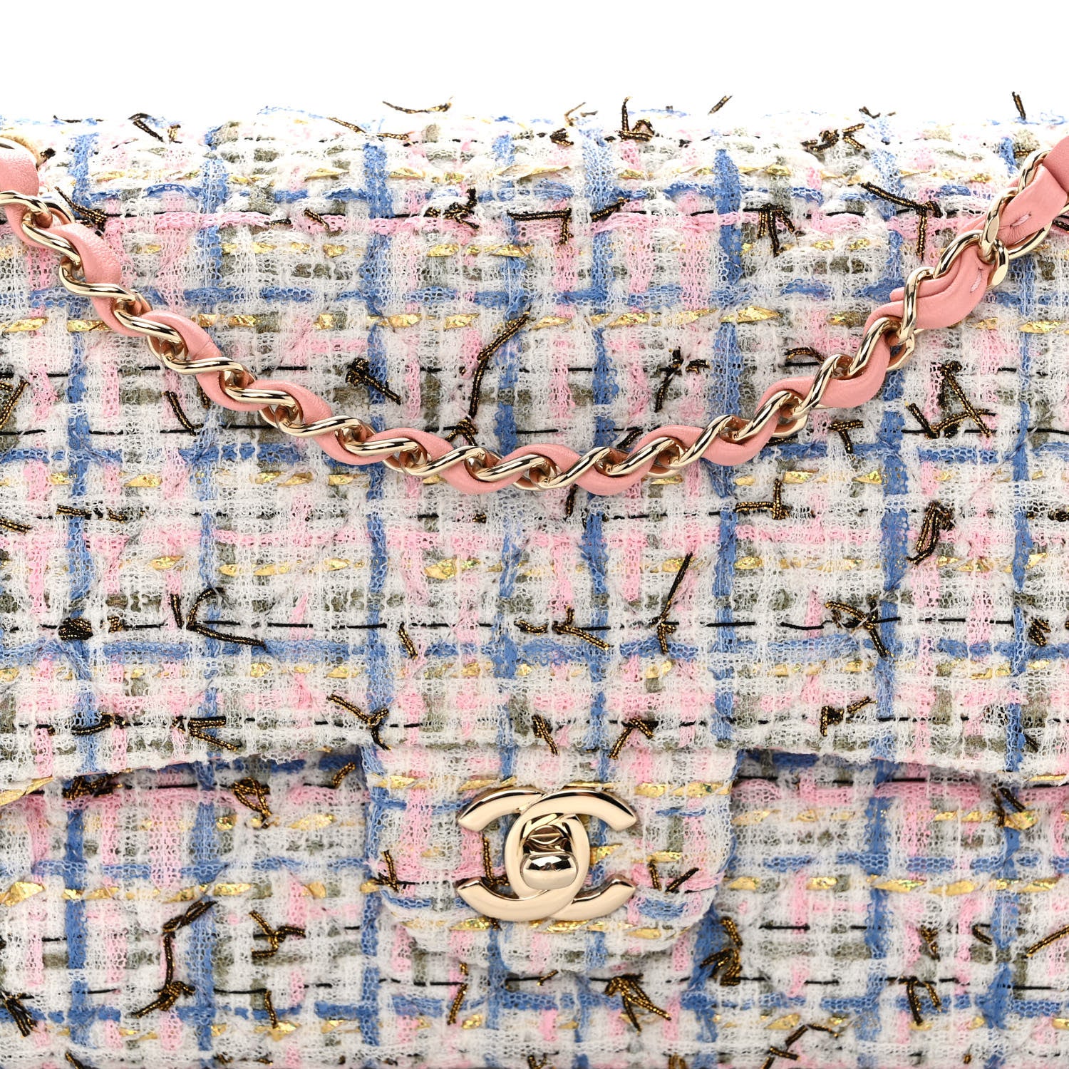 Chanel Tweed Quilted Medium Double Flap Blue Pink Gold White 8 of 11