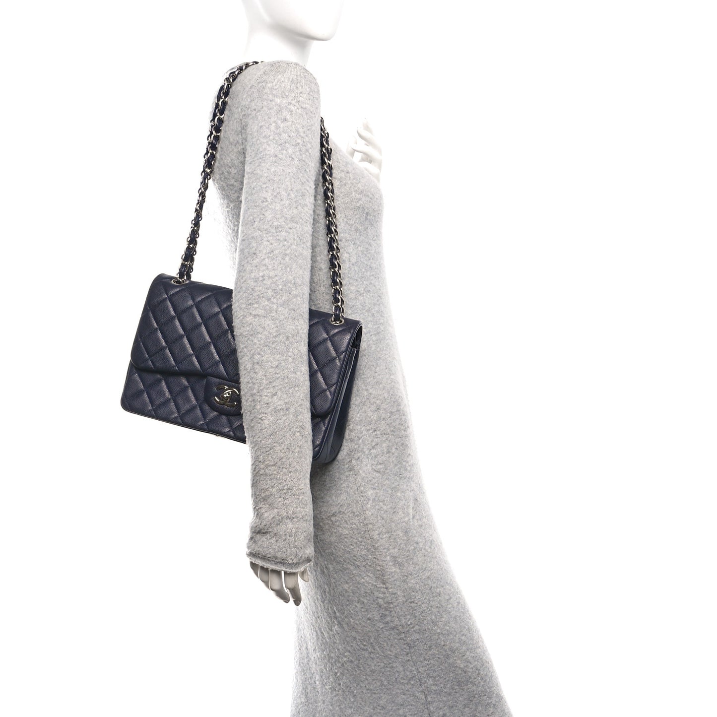 Caviar Quilted Jumbo Double Flap Navy Blue