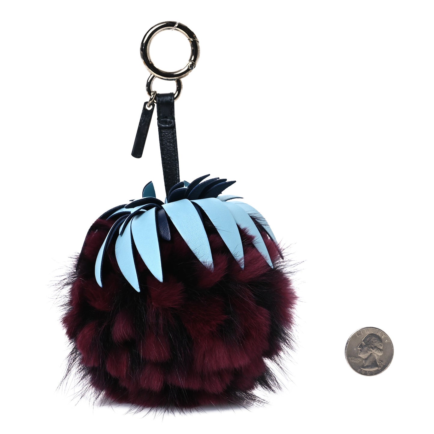 Fox Rabbit Fur Nappa Pineapple Bag Charm Bordeaux Turchese Pallido Multicolor