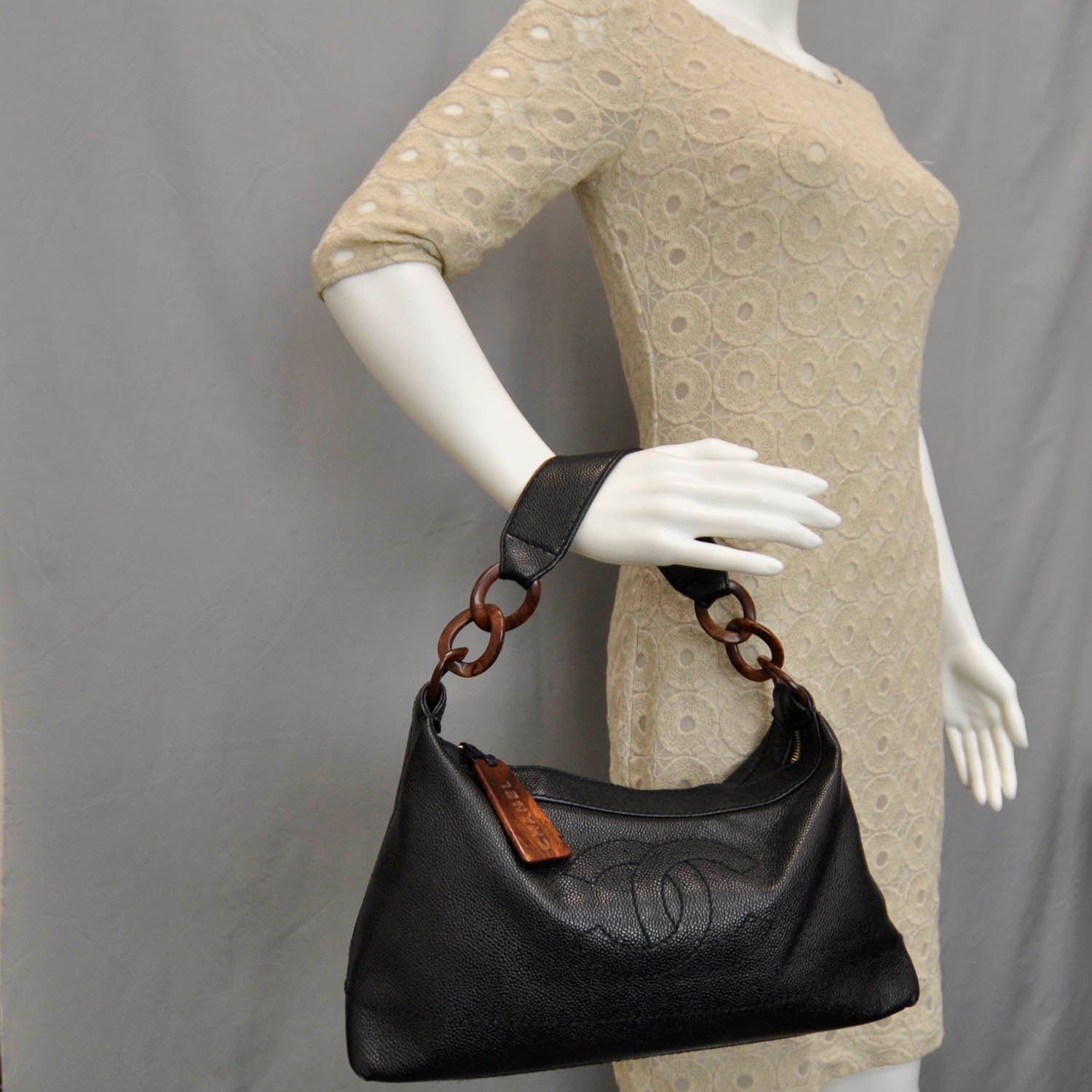 Chanel Caviar CC Wood Chain Hobo Black 2 of 9