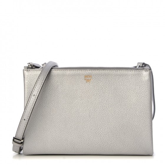 Grained Calfskin Milla Double Crossbody Bag Spike Silver
