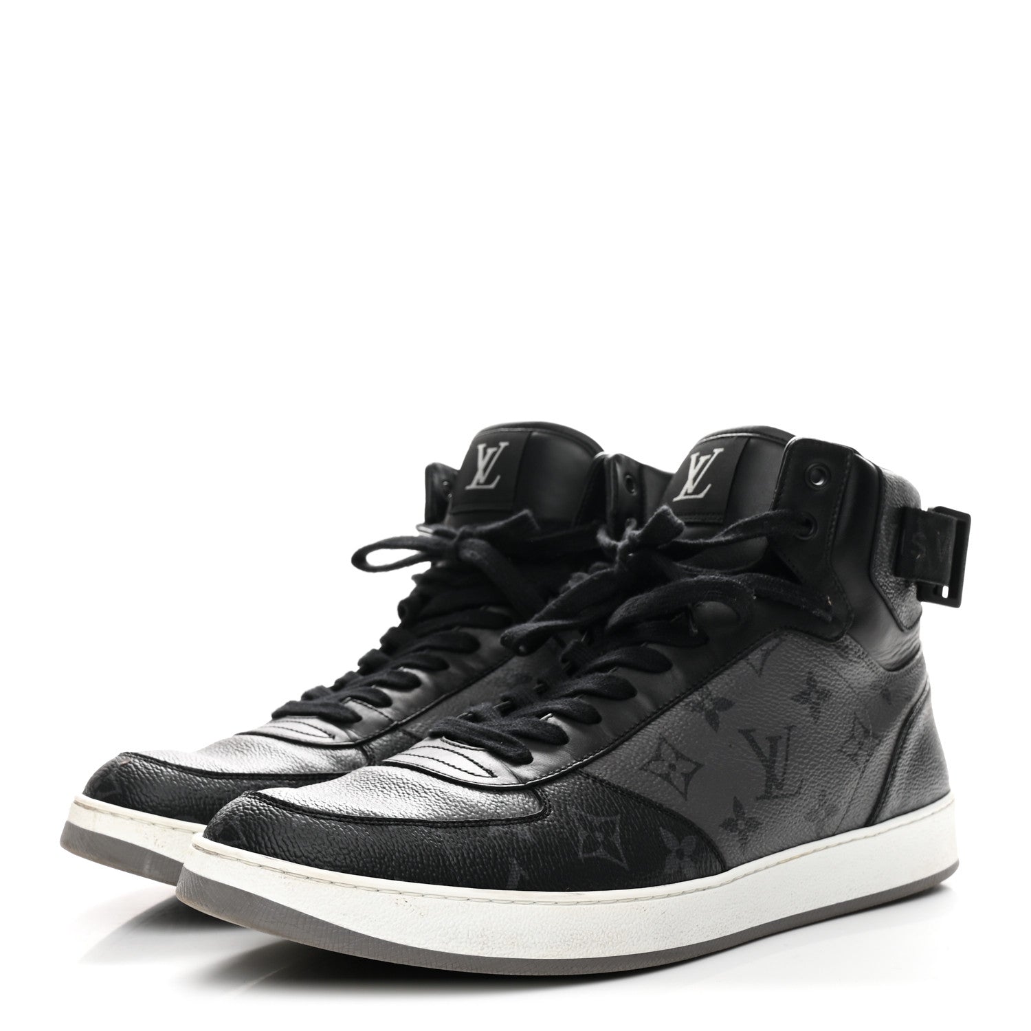 Louis Vuitton Calfskin Monogram Eclipse Mens Rivoli High Top Sneakers 10 Black Grey 4 of 9