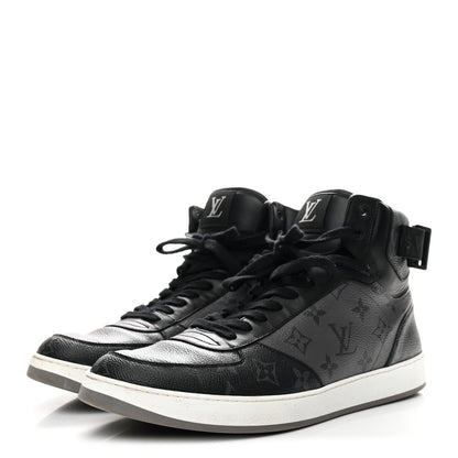 Louis Vuitton Calfskin Monogram Eclipse Mens Rivoli High Top Sneakers 10 Black Grey 4 of 9
