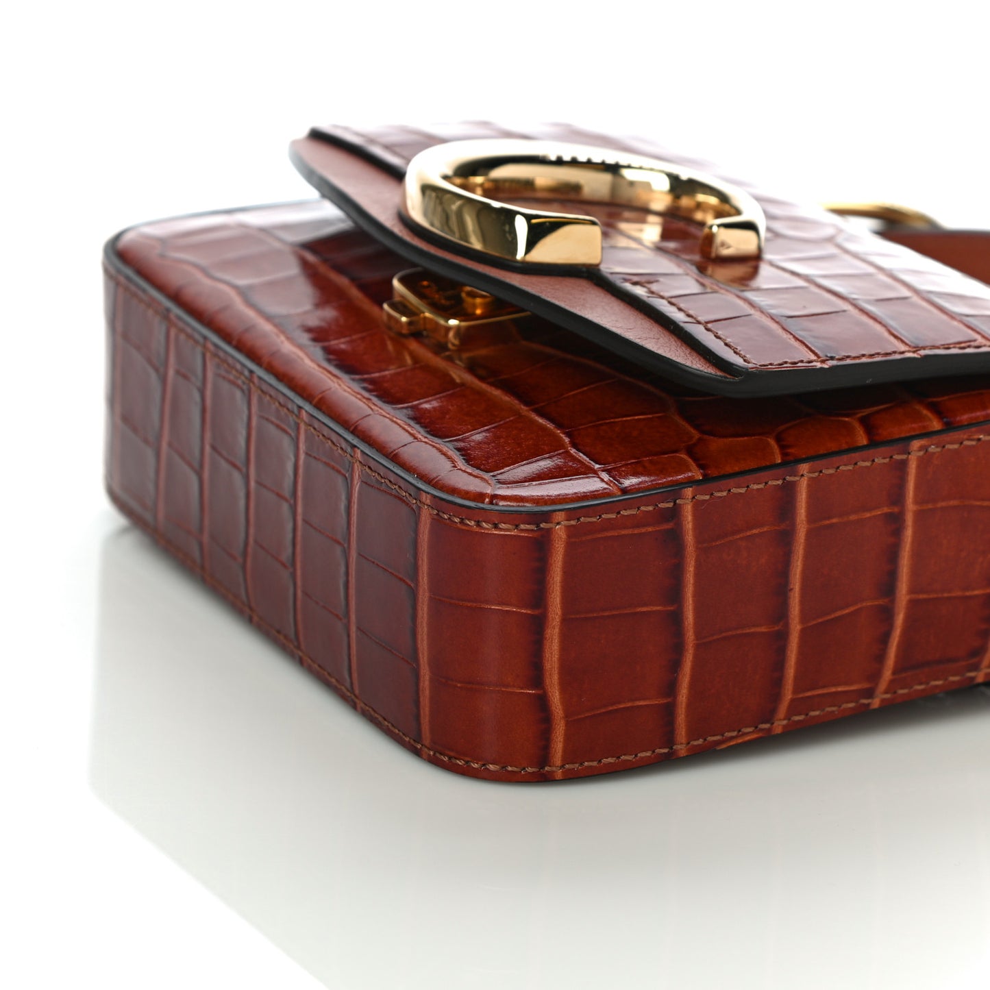 Calfskin Crocodile Embossed Mini C Double Carry Chestnut Brown