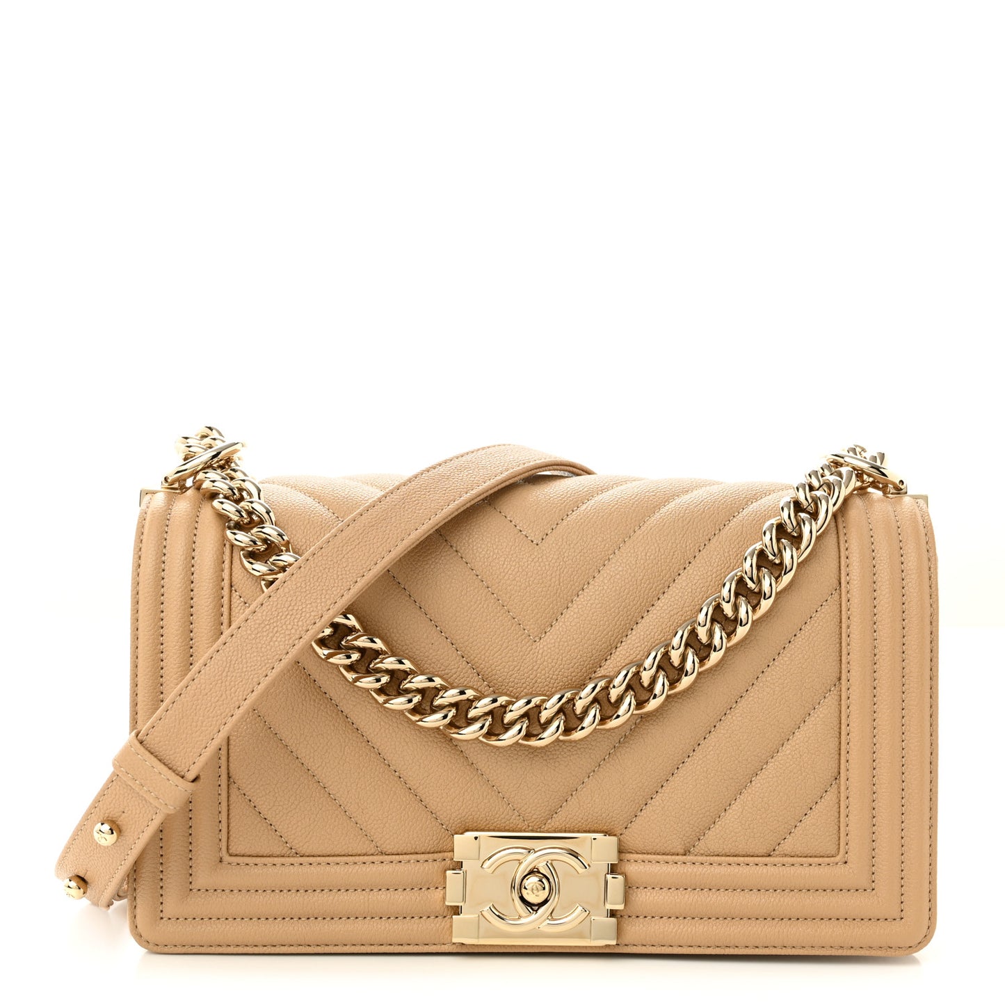 Caviar Chevron Quilted Medium Boy Flap Beige