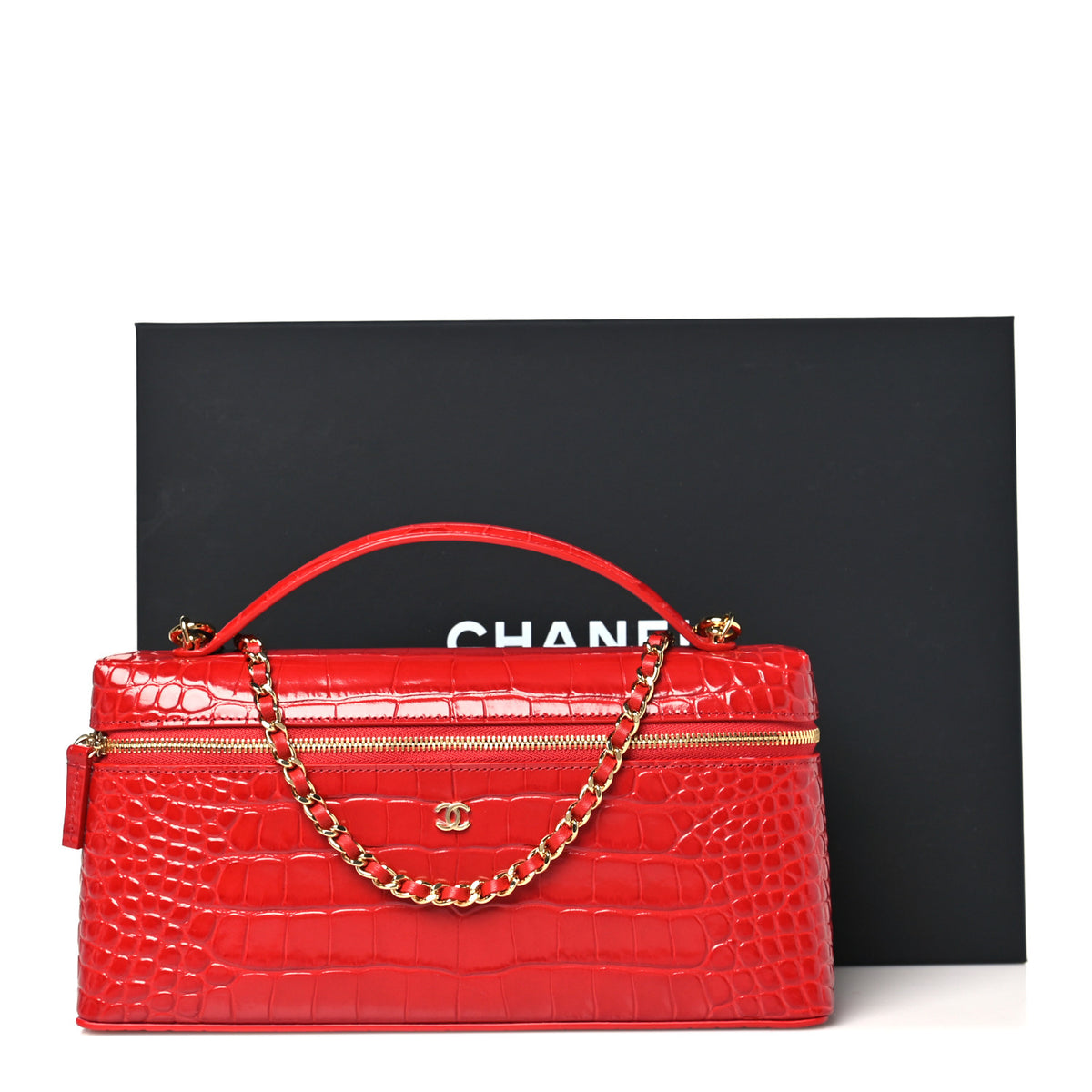 Calfskin Crocodile Embossed Crococo Top Handle East West Vanity Case With Chain Dark Red