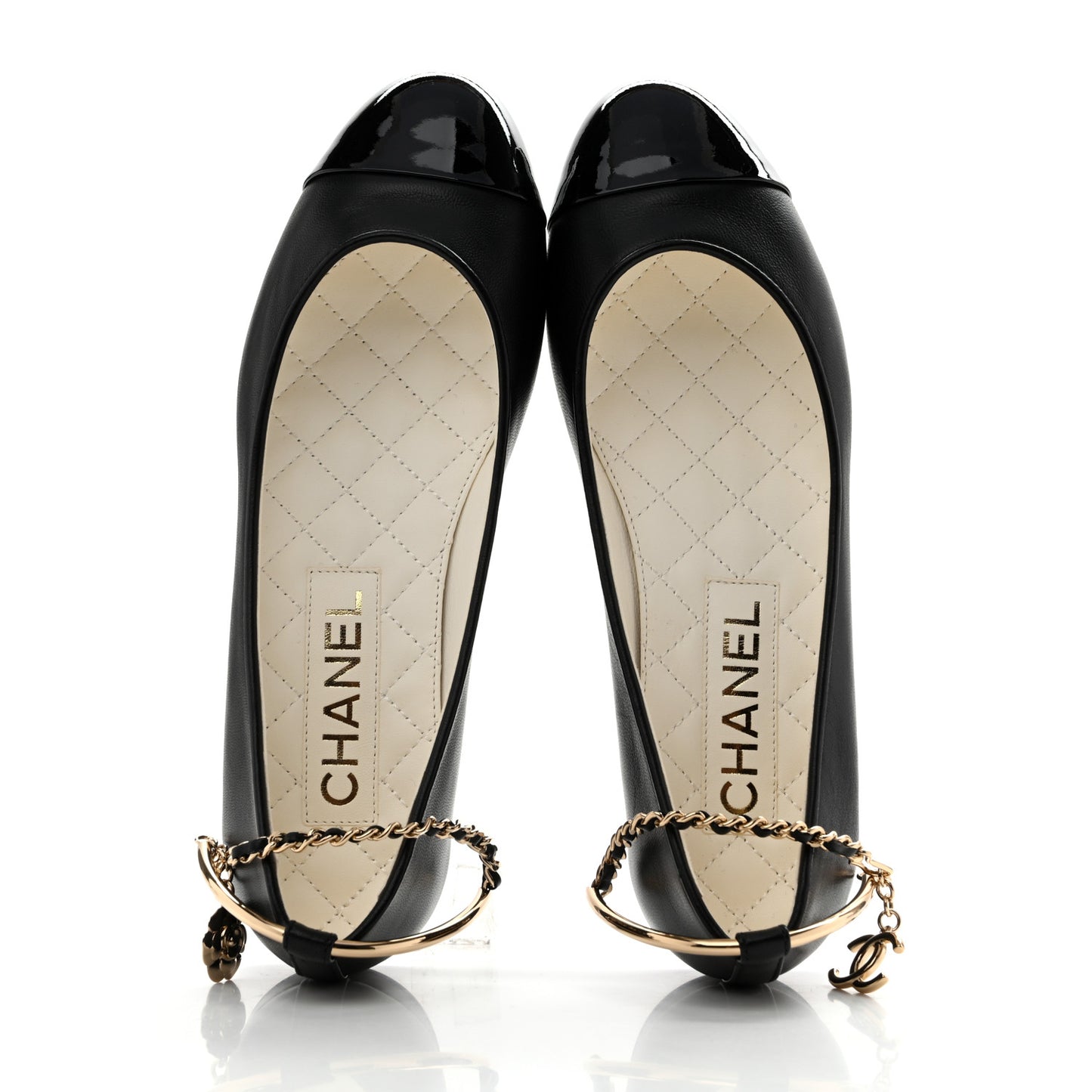Lambskin Patent Calfskin Cap Toe Ankle Chain Ballerina Flats 36 Black