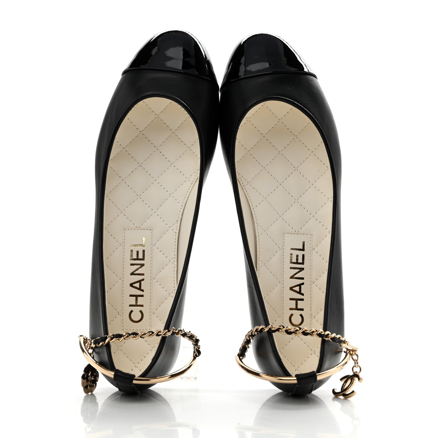 Chanel Lambskin Patent Calfskin Cap Toe Ankle Chain Ballerina Flats 36 Black 2 of 10