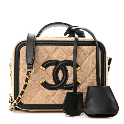 Chanel Caviar Quilted Small CC Filigree Vanity Case Beige Black 1 of 10