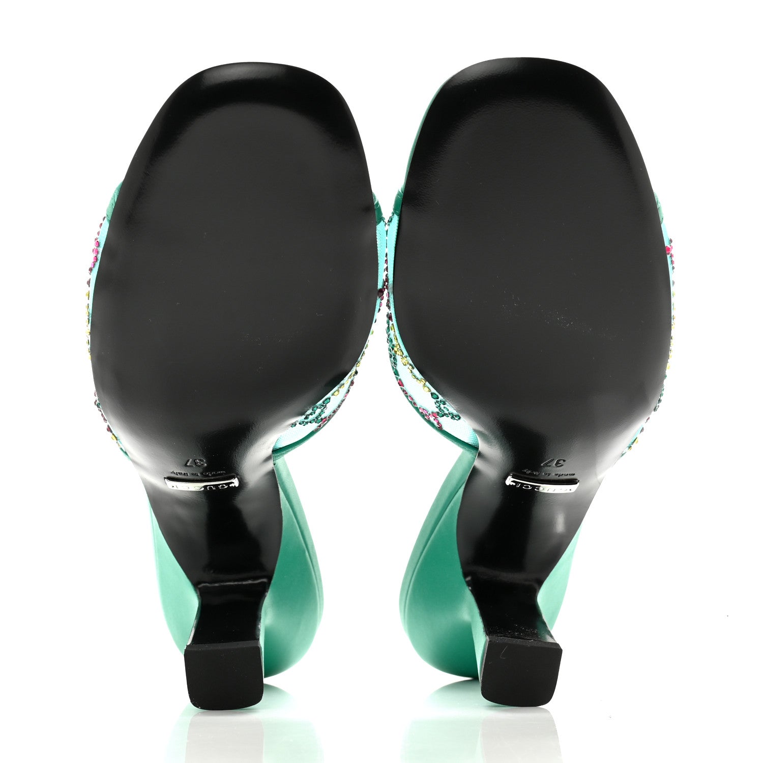 Gucci Tela Retino Nappa Crystal GG Monogram Square G 95mm Slide Sandals 37 Turquoise 5 of 8