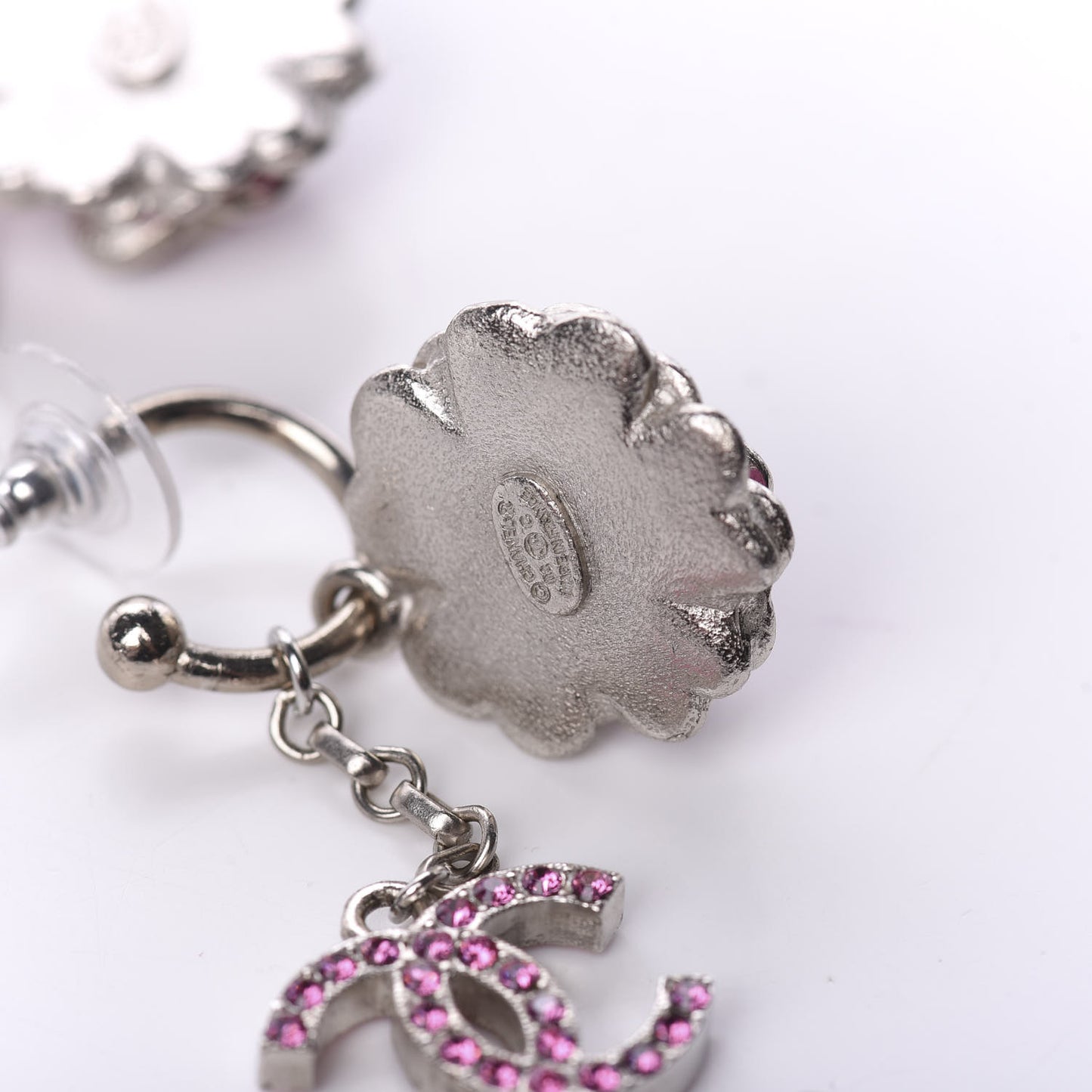 Enamel Crystal Flower CC Drop Earrings Silver Pink