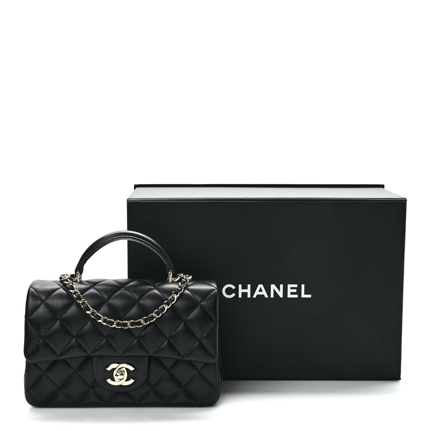 Lambskin Quilted Mini Top Handle Rectangular Flap Black