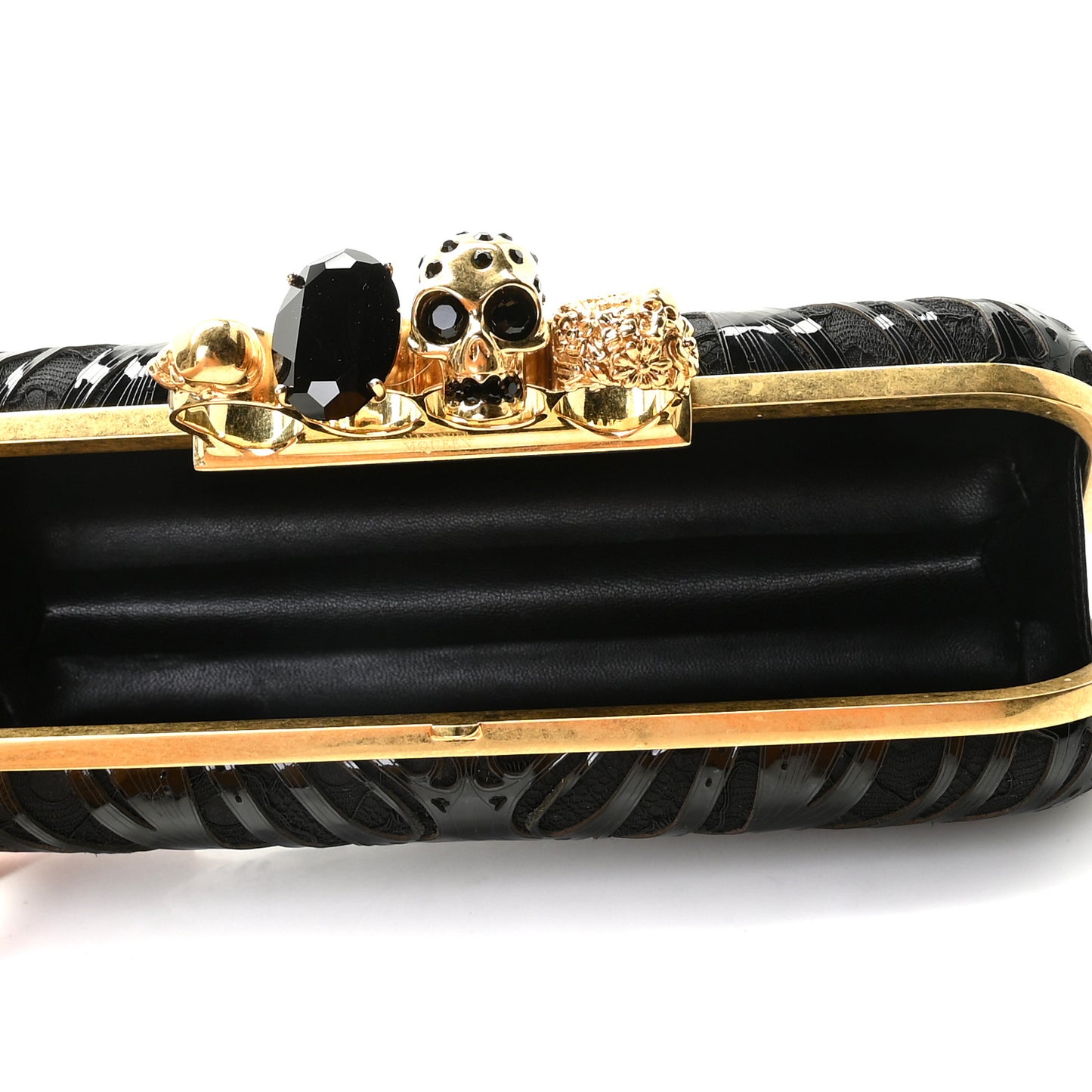 Satin Lace Patent Skull Knuckle Box Clutch Black