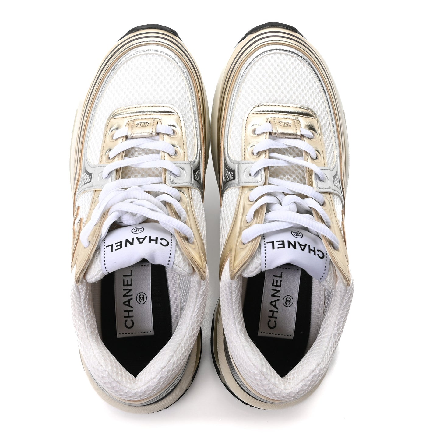 Fabric Laminated Calfskin Stretch CC Sneakers 36.5 White Gold Silver