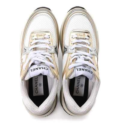 Chanel Fabric Laminated Calfskin Stretch CC Sneakers 36.5 White Gold Silver 2 of 10