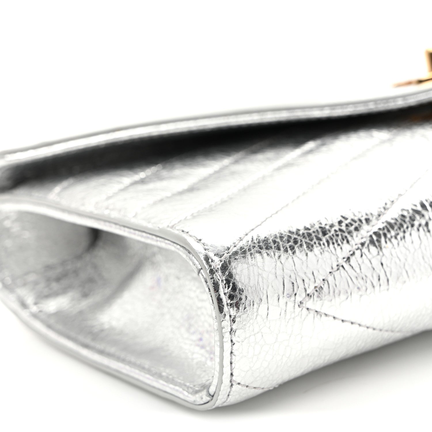 Chanel Metallic Aged Calfskin Chevron Quilted Top Handle Envelope Clutch Silver 9 of 10