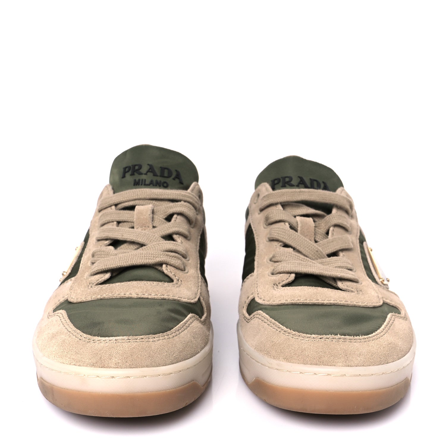 Prada Nylon Suede Metal Triangle Logo Mens Downtown Low Top Sneakers 39 Khaki Beige 3 of 10