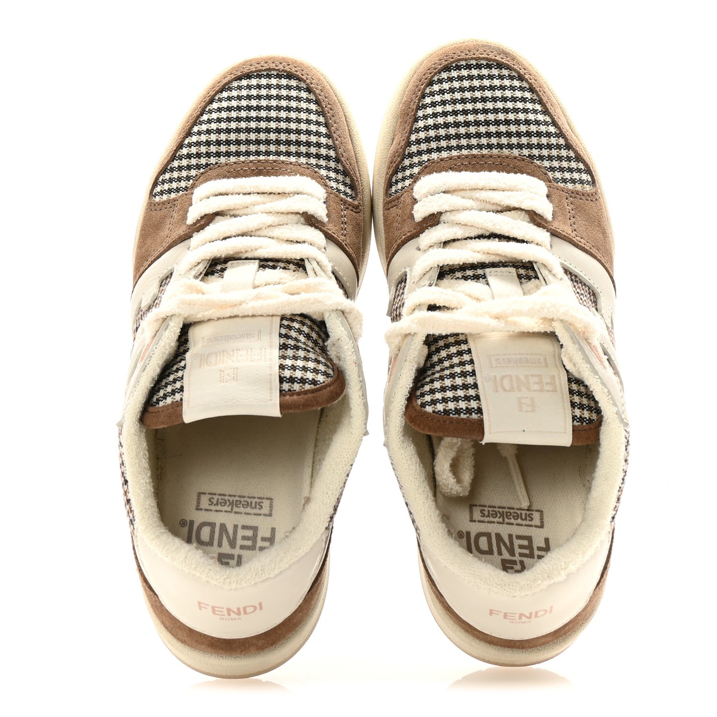 Calfskin Suede Houndstooth Fendi Match Low Top Sneakers 36 Cream Brown