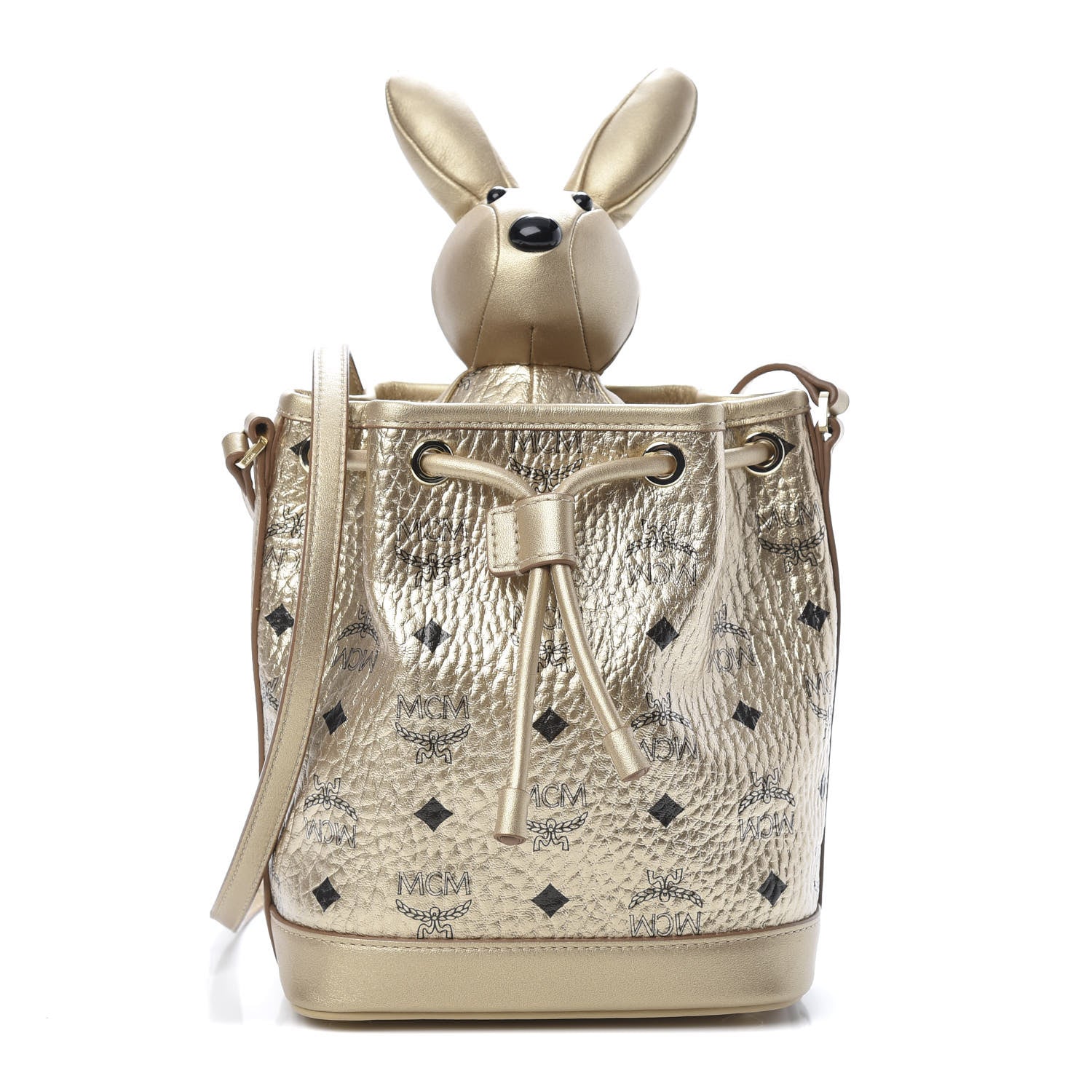 MCM Metallic Visetos Zoo Rabbit Drawstring Bucket Bag Berlin Gold 1 of 11
