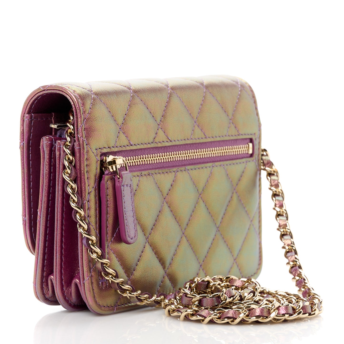 Iridescent Lambskin Quilted Mini Wallet On Chain WOC Purple