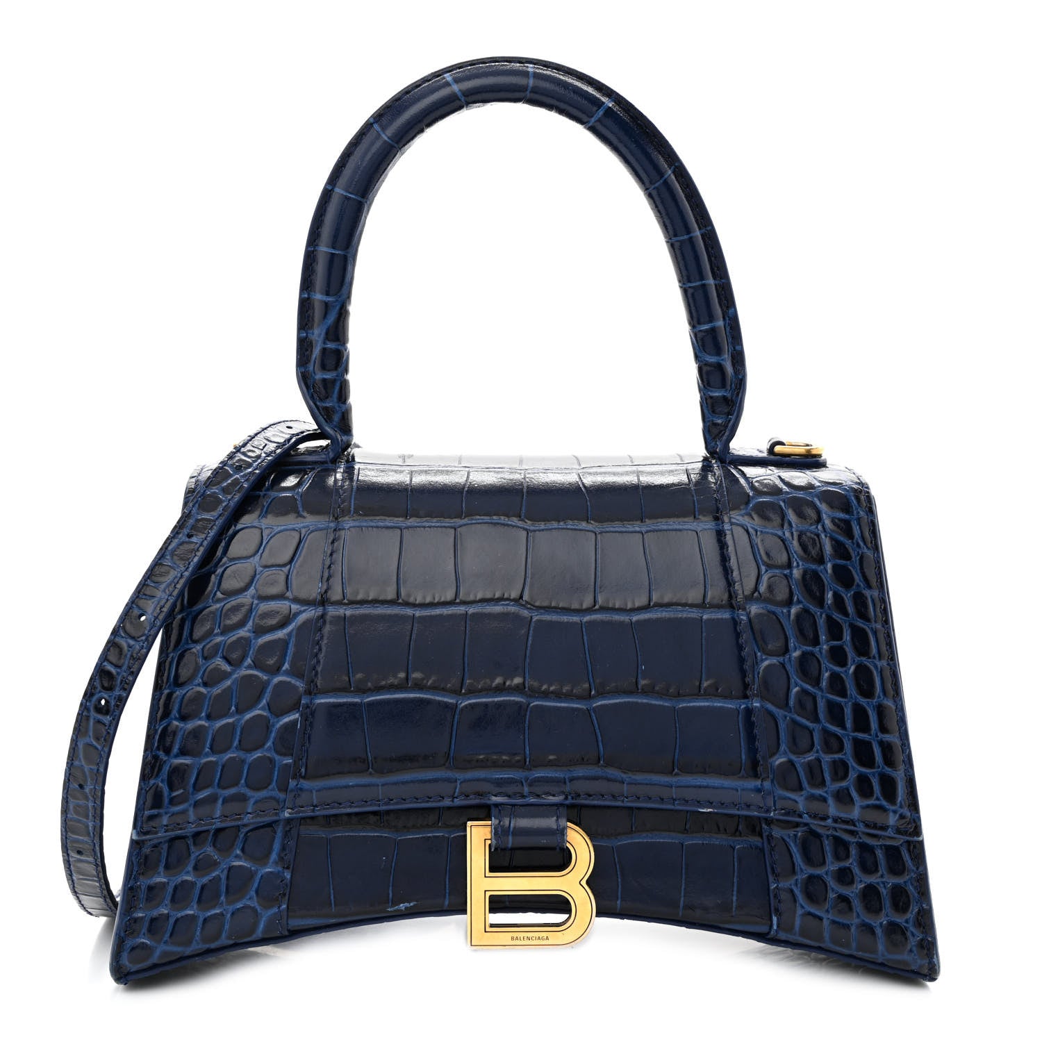 Balenciaga Shiny Calfskin Crocodile Embossed Small Hourglass Top Handle Bag Navy 1 of 14