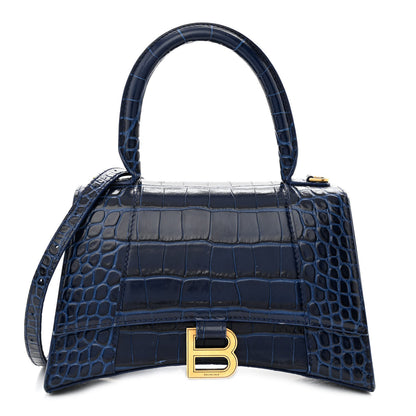 Balenciaga Shiny Calfskin Crocodile Embossed Small Hourglass Top Handle Bag Navy 1 of 14
