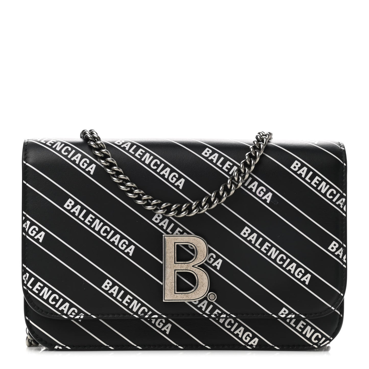 Matte Calfskin Diagonal Allover Logo Print B Wallet on Chain Black White