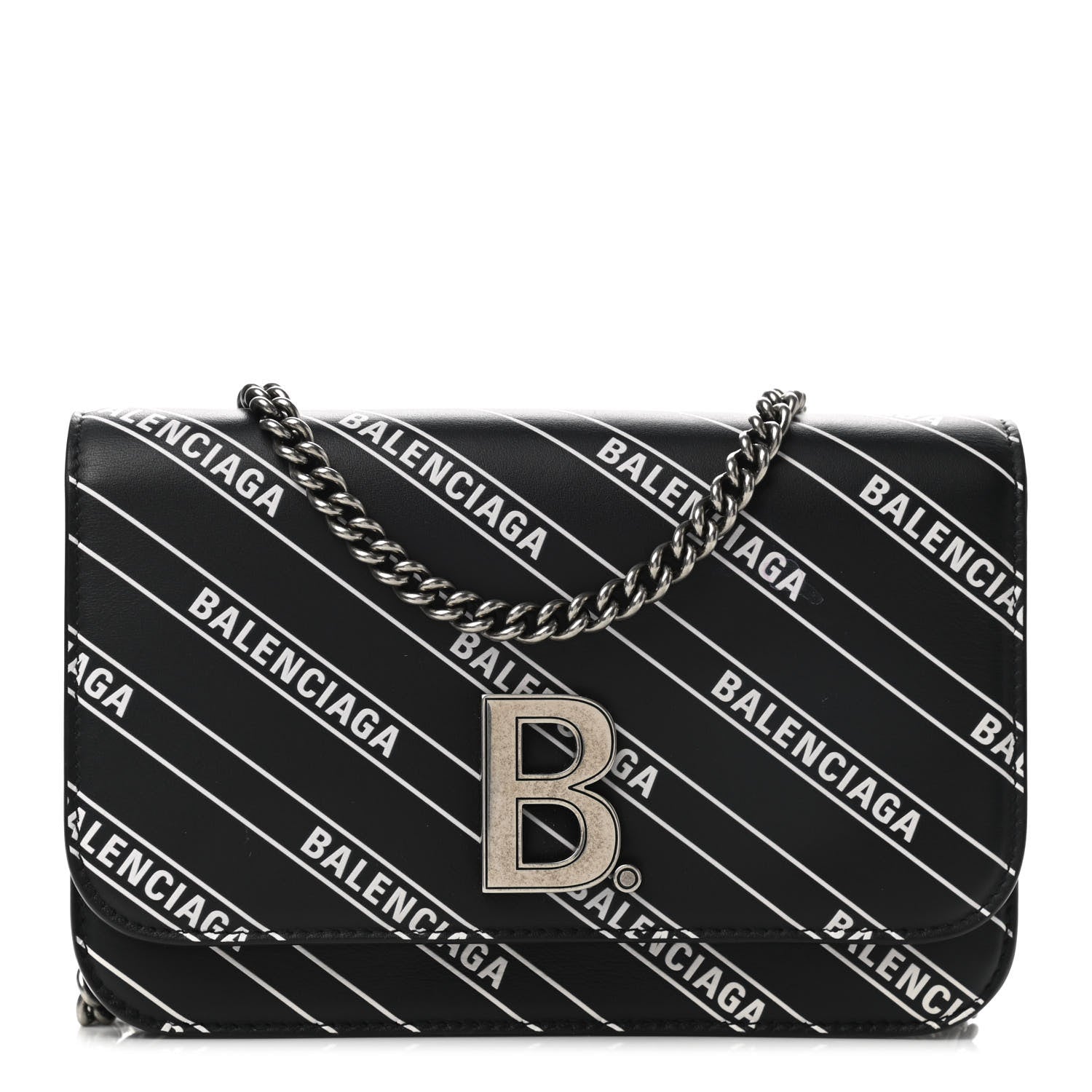 Balenciaga Matte Calfskin Diagonal Allover Logo Print B Wallet on Chain Black White 1 of 8