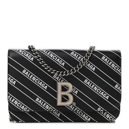 Balenciaga Matte Calfskin Diagonal Allover Logo Print B Wallet on Chain Black White 1 of 8