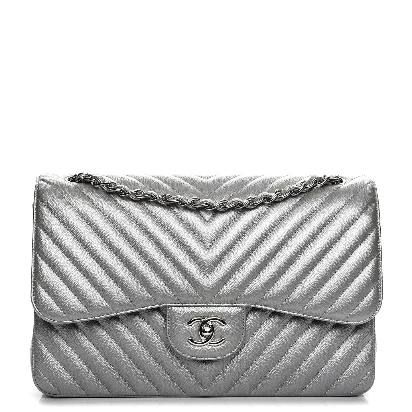 Metallic Caviar Chevron Quilted Jumbo Double Flap Silver