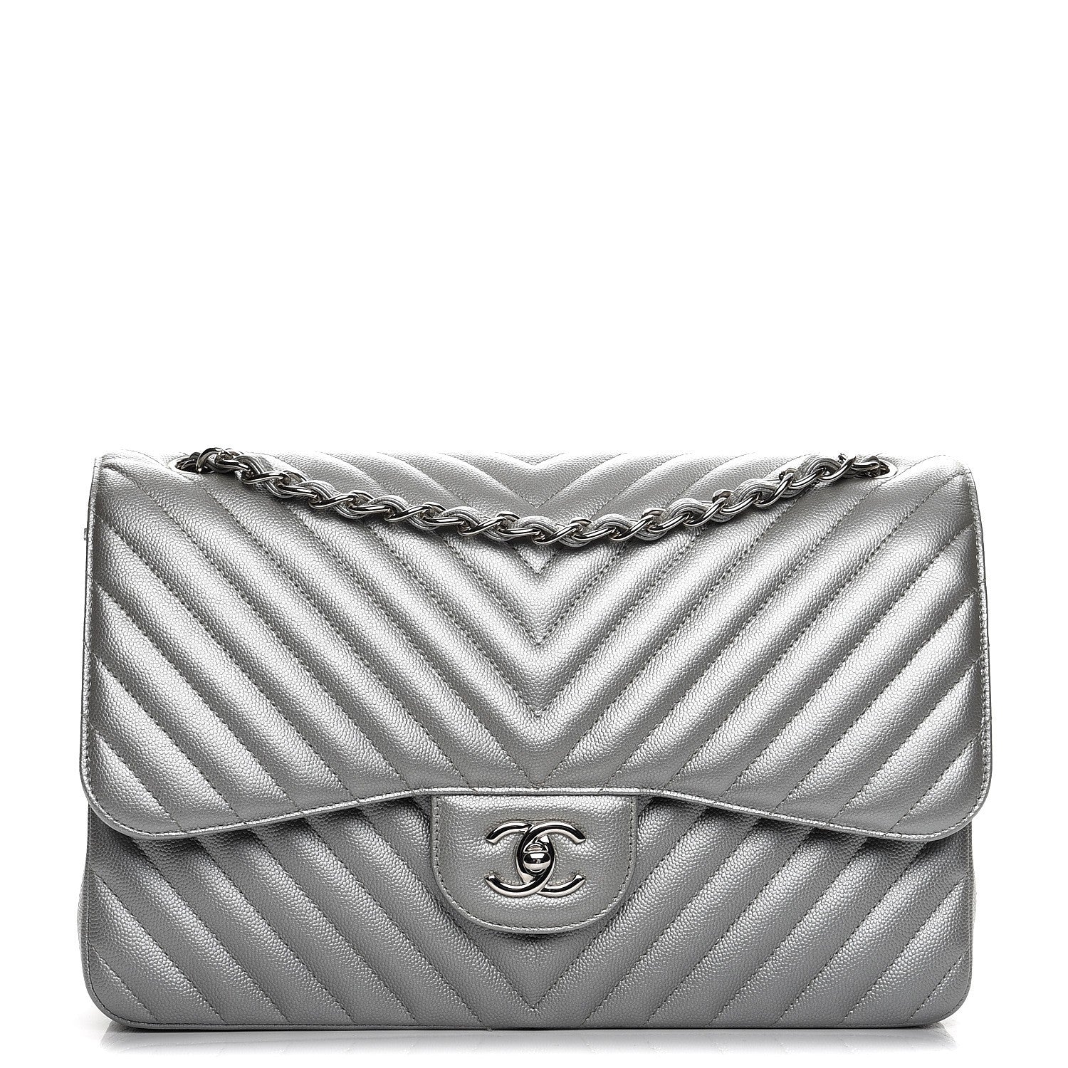 Chanel Metallic Caviar Chevron Quilted Jumbo Double Flap Silver 1 of 10