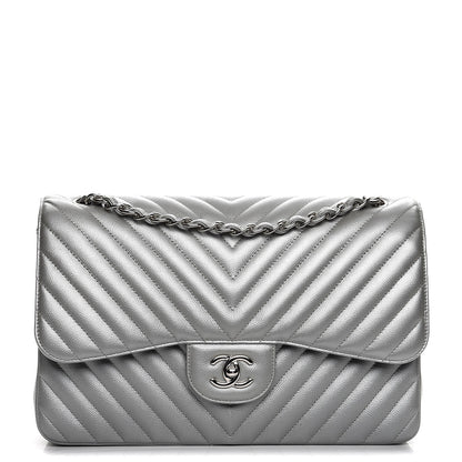 Chanel Metallic Caviar Chevron Quilted Jumbo Double Flap Silver 1 of 10