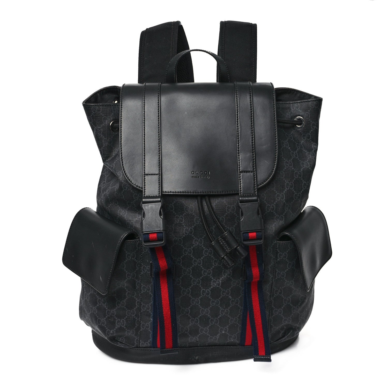 Gucci Soft GG Supreme Monogram Calfskin Web Double Buckle Backpack Black 1 of 15