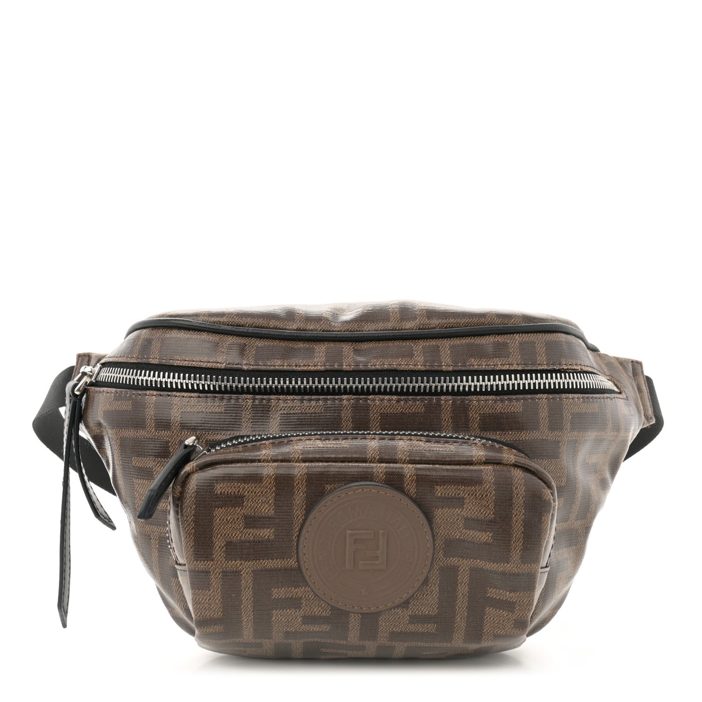 Glazed Fabric Vitello Century FF 1974 Stamp Patch Mens Pocket Belt Bag Mogano Panna Black