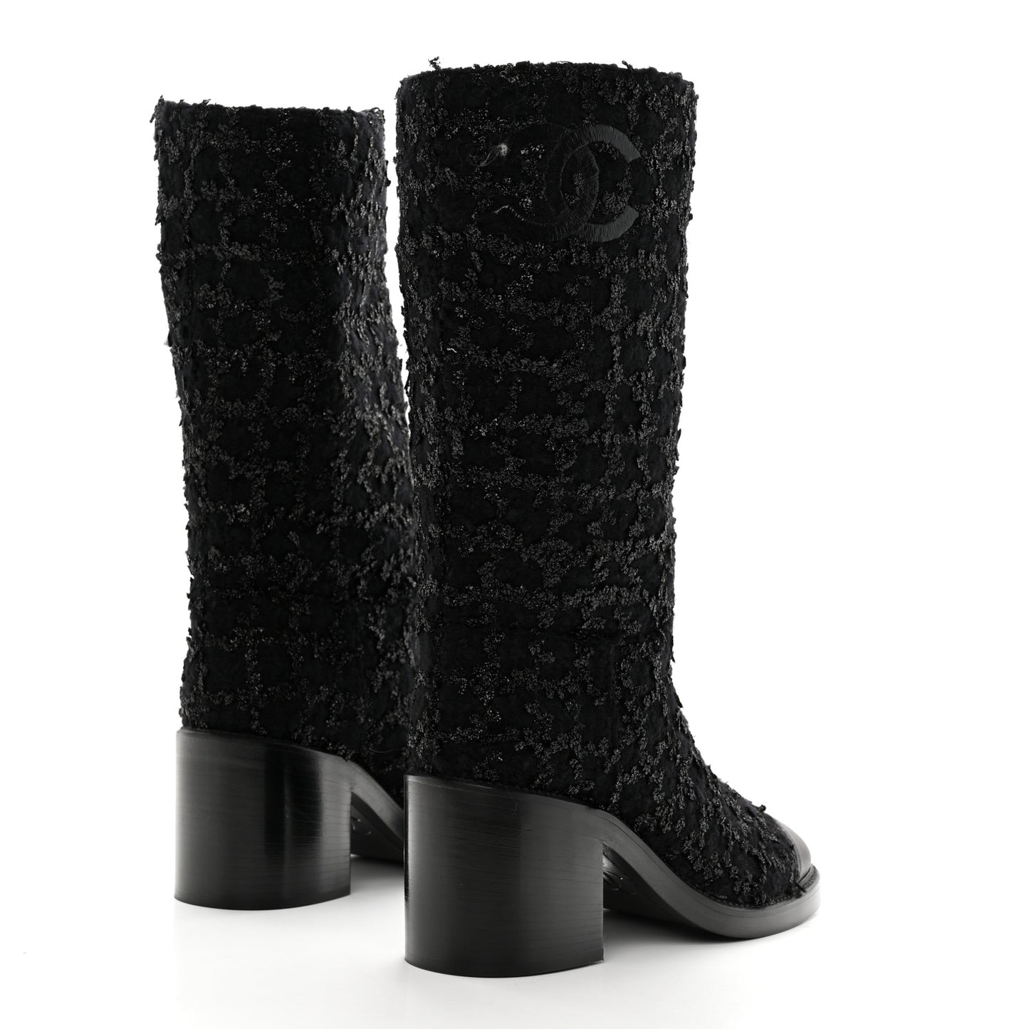 Iridescent Wool Silk Tweed Calfskin CC Cap Toe High Boots 40 Black