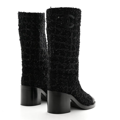 Chanel Iridescent Wool Silk Tweed Calfskin CC Cap Toe High Boots 40 Black 4 of 9