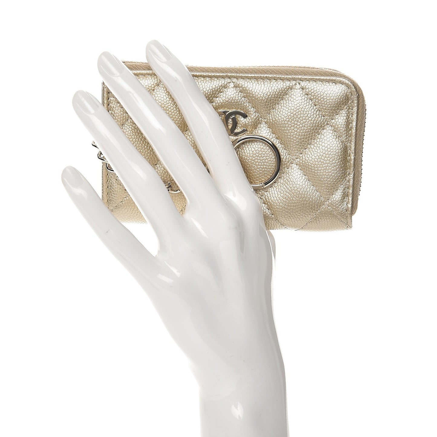 Metallic Caviar Quilted Key Holder Case Light Gold