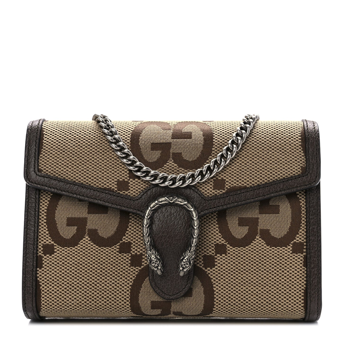 Monogram Jumbo GG Textured Dollar Calfskin Mini Dionysus Chain Wallet Camel Ebony New Acero