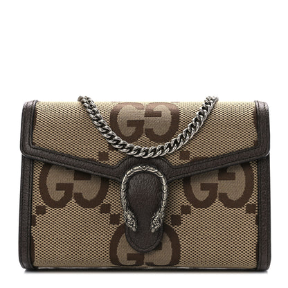 Gucci Monogram Jumbo GG Textured Dollar Calfskin Mini Dionysus Chain Wallet Camel Ebony New Acero 1 of 8