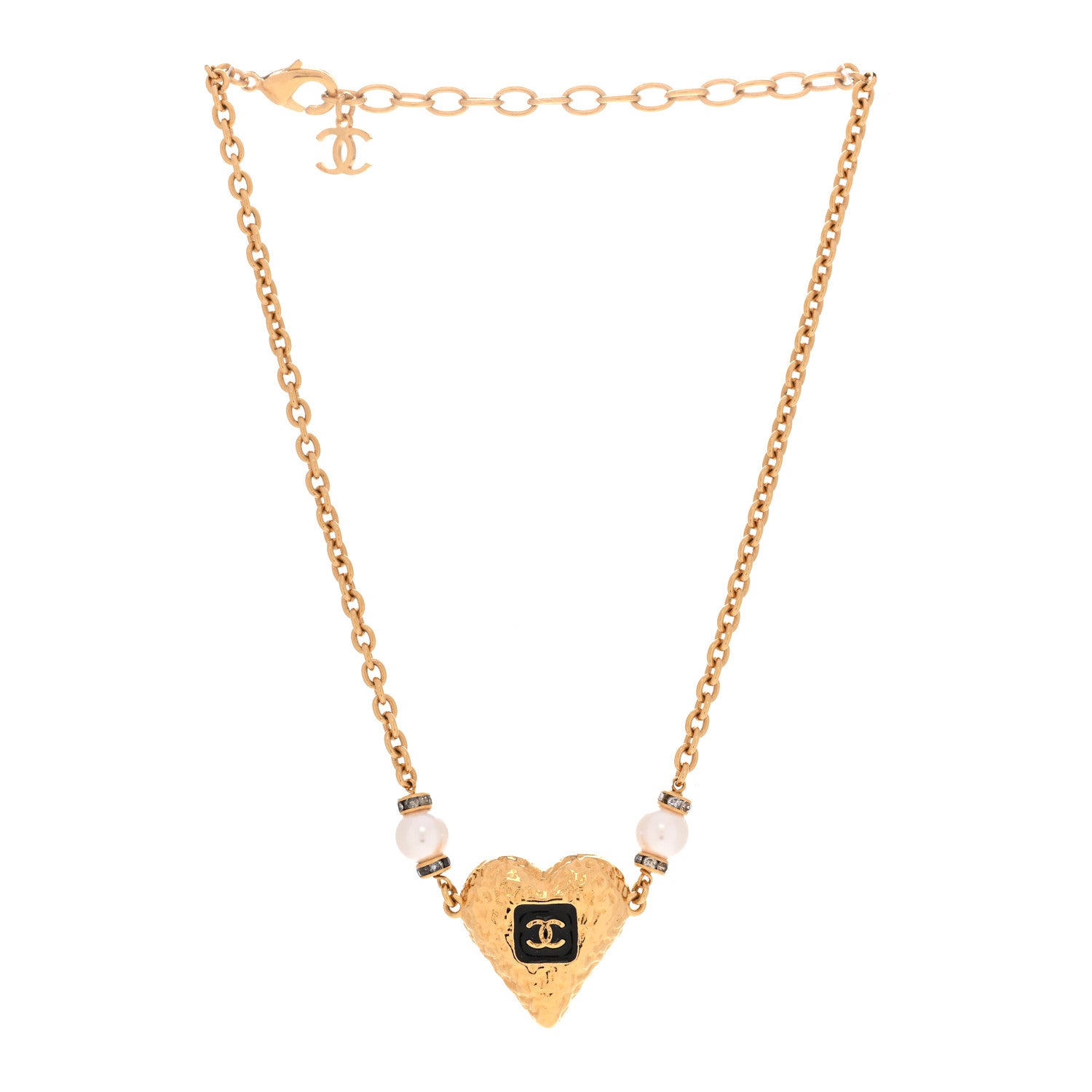 Chanel Resin Crystal Pearl Chain Heart CC Pendant Choker Necklace Black White Gold 3 of 5