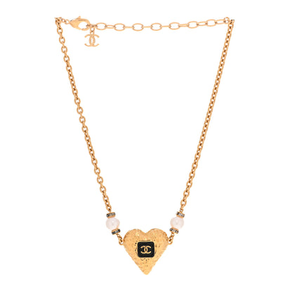 Chanel Resin Crystal Pearl Chain Heart CC Pendant Choker Necklace Black White Gold 3 of 5