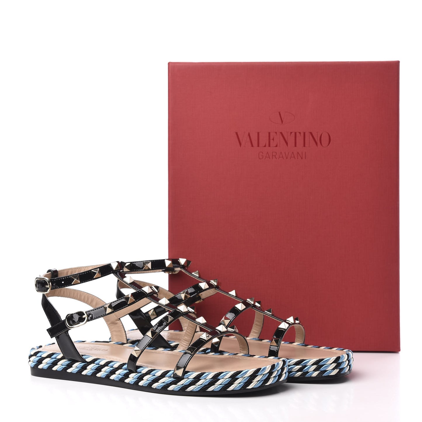 Patent Rockstud Torchon Espadrille Caged 30mm Flat Sandals 38 Black