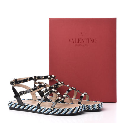 Valentino Garavani Patent Rockstud Torchon Espadrille Caged 30mm Flat Sandals 38 Black 8 of 8