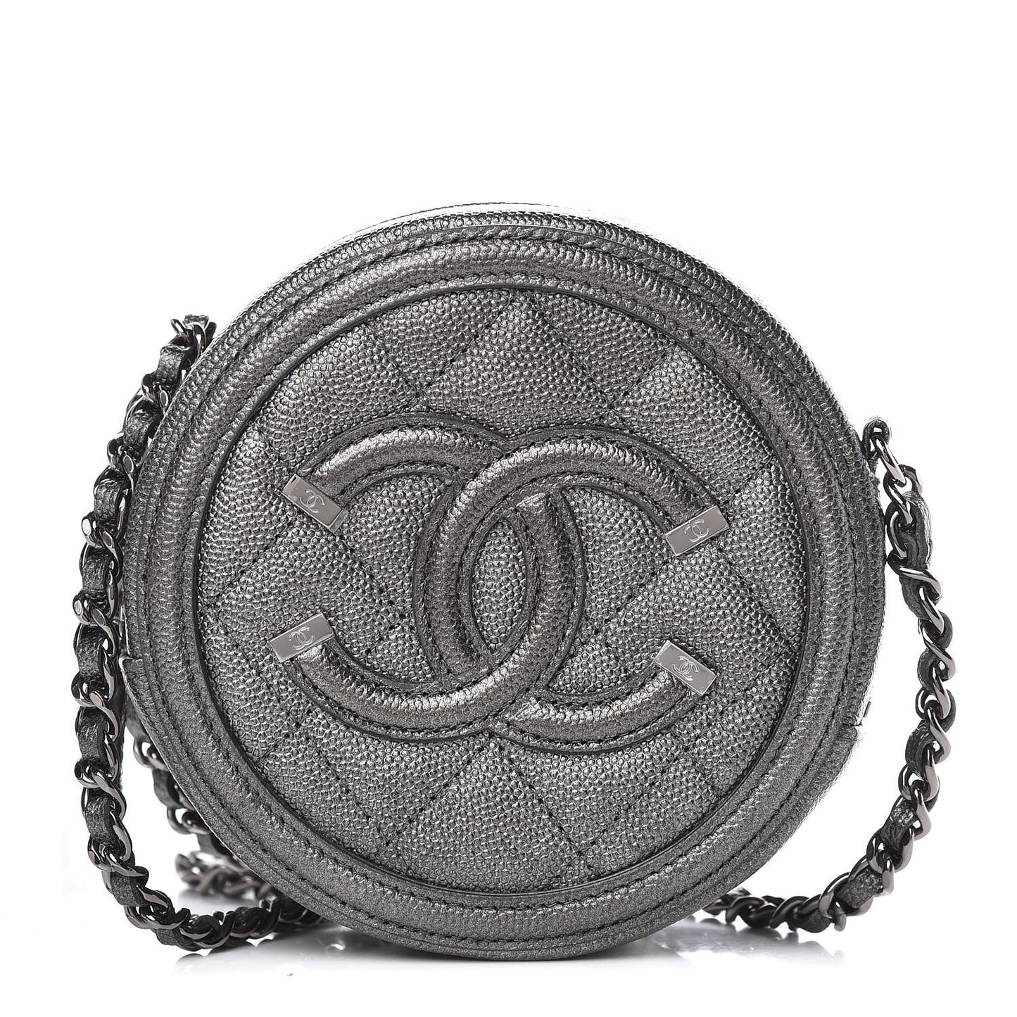 Metallic Caviar Quilted Round Filigree Crossbody Dark Silver