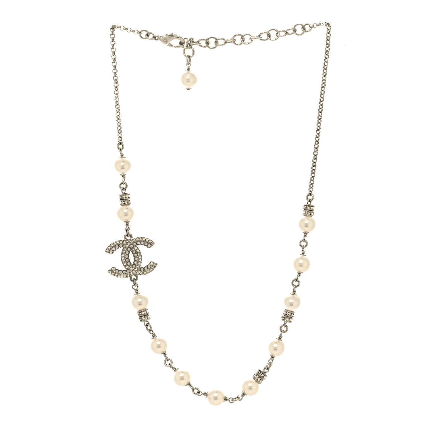 Chanel Pearl Crystal CC Necklace Silver 3 of 6