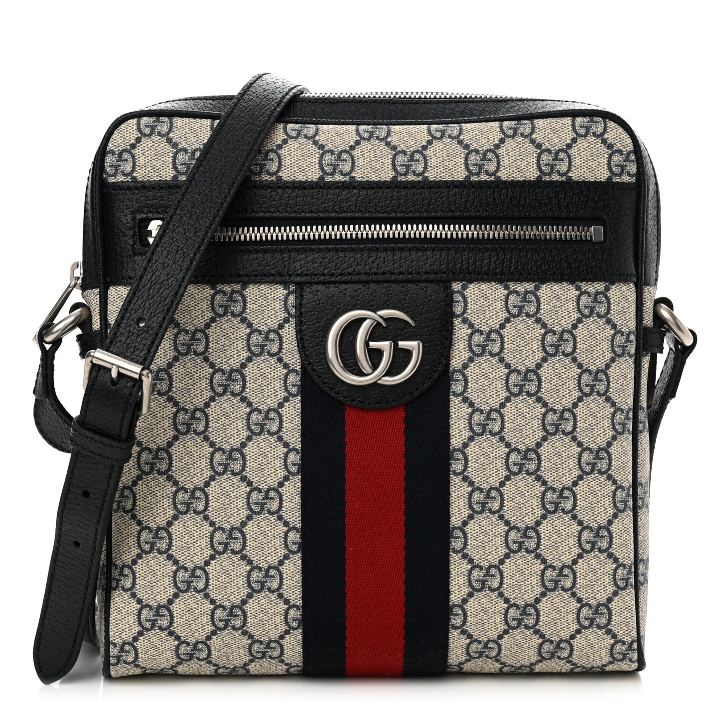 GG Supreme Monogram Textured Dollar Calfskin Web Small Ophidia Messenger Bag Beige Blue