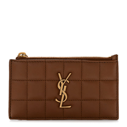 Saint Laurent Lambskin Matelasse Cassandre Carre Fragments Zippered Card Case Naturel Dark 1 of 9