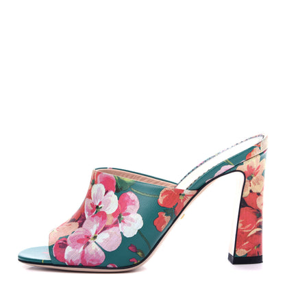 Gucci Calfskin Blooms Print High Heel Slide Sandals 37 Bright Emerald Multicolor 1 of 11