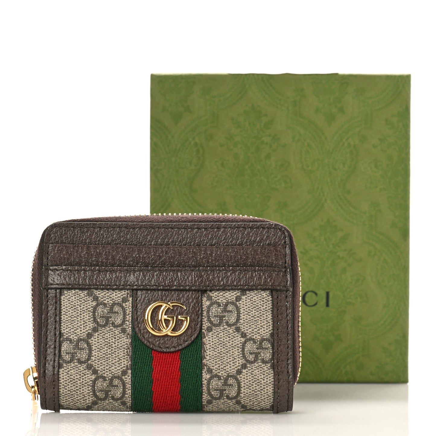 GG Supreme Monogram Textured Dollar Calfskin Web Ophidia Zip Around Card Case Wallet Beige Ebony New Acero